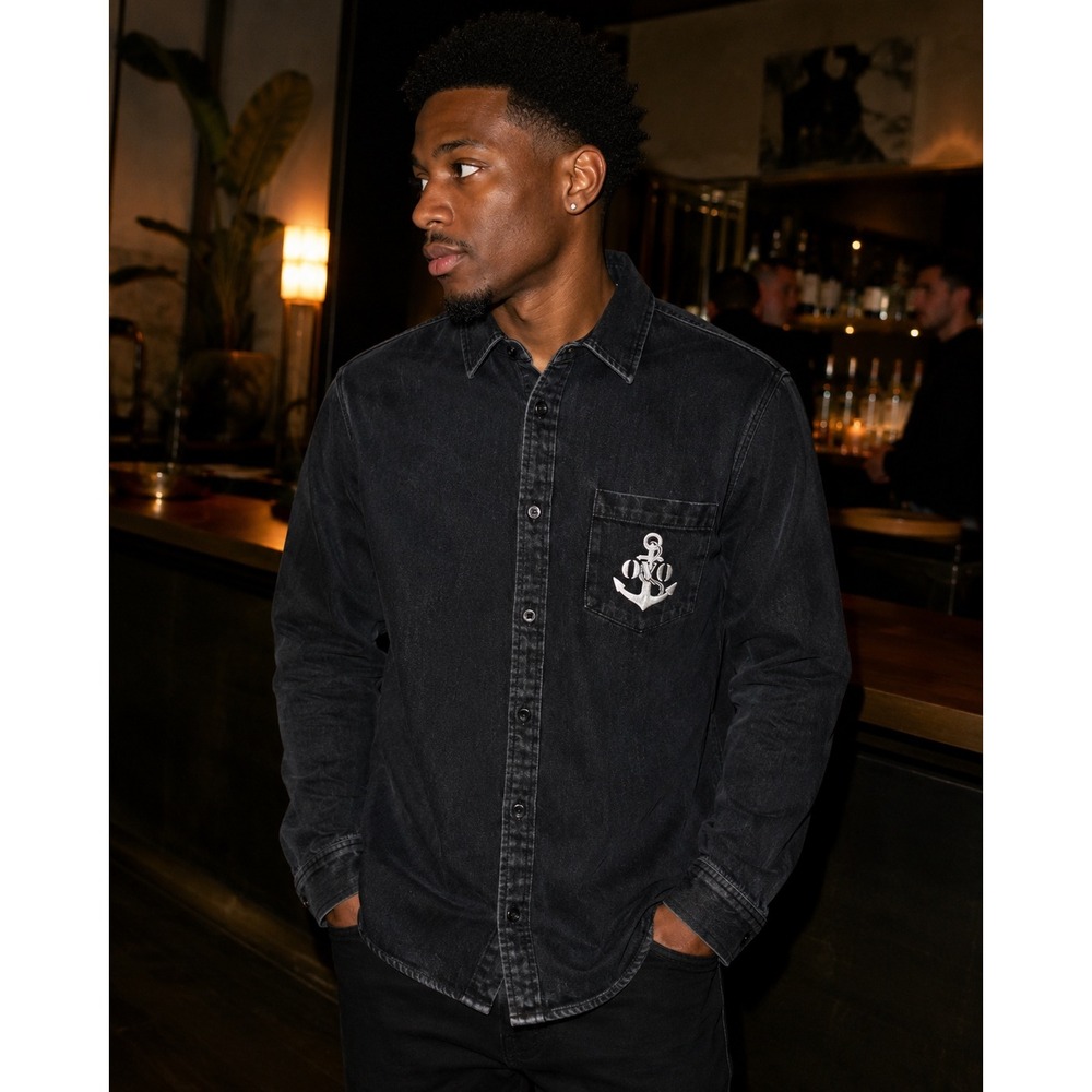 OVO October's Very Own Mens Black Denim Anchor Graphic Button Down Shirt - Large